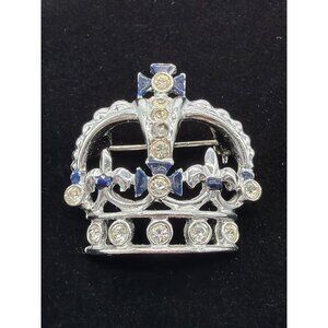 Crown Brooch Pin With Silver-Tone Finish Blue Enamel Accents & Sparkling Rhinest